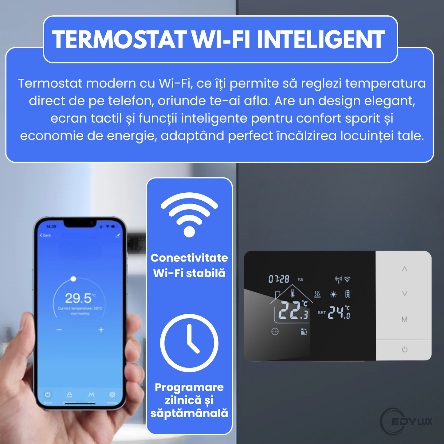 Termostat de Ambient Inteligent Controlat prin Internet/Smartphone, EDYLUX, Programabil WiFi din Aplicatia Tuya sau Smart Life, Control Vocal Alexa si Google Home 