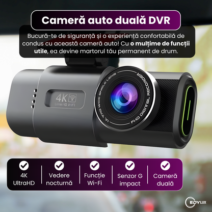 Camera auto DVR 4K Ultra HD cu GPS incorporat, Edylux, Duala fata/spate, Functie WiFi, Vedere nocturna 