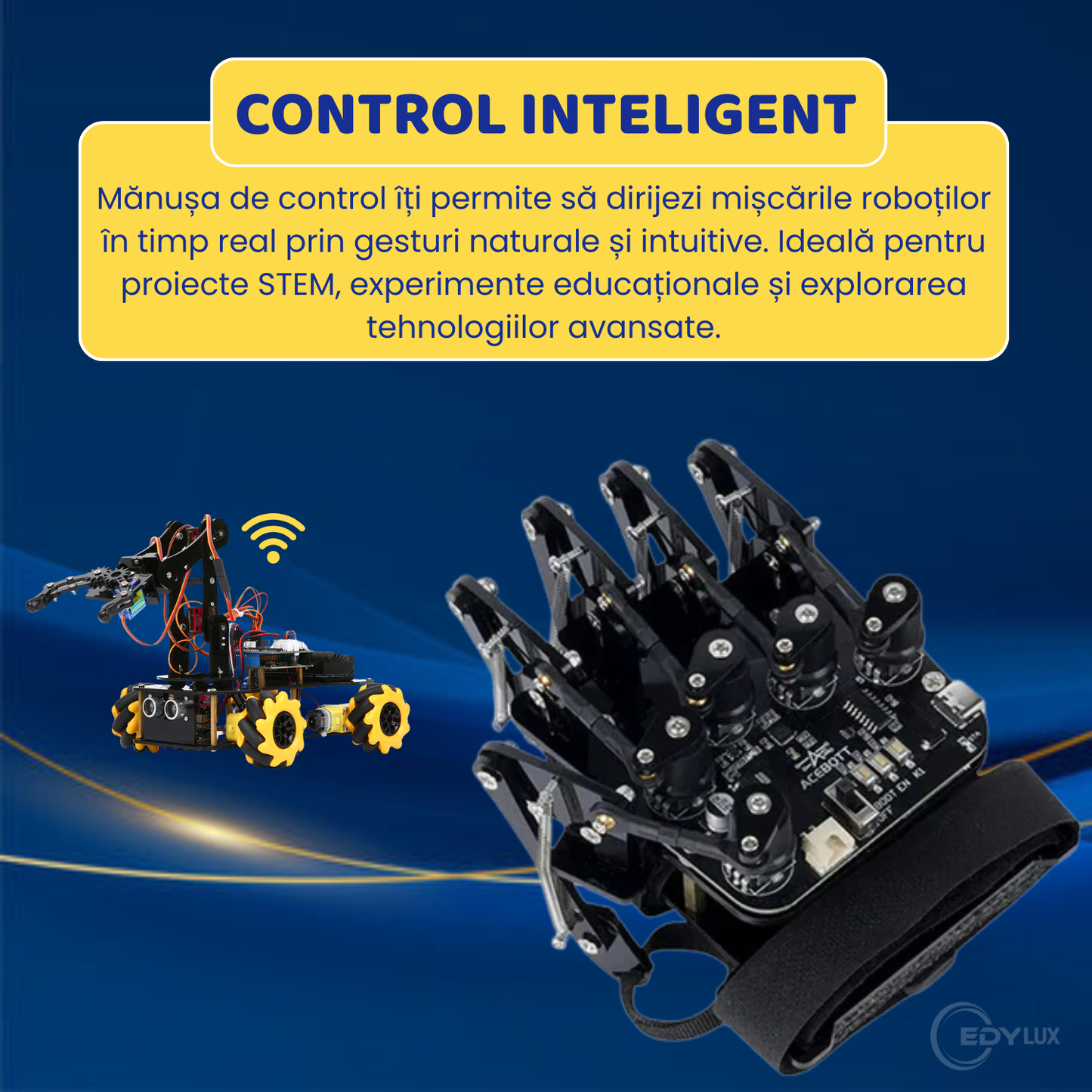Manusa Inteligenta cu Senzori Avansati, EDYLUX, QD023, Control Gestual de Precizie pentru Roboti si Educatie STEAM, Bluetooth, Negru 