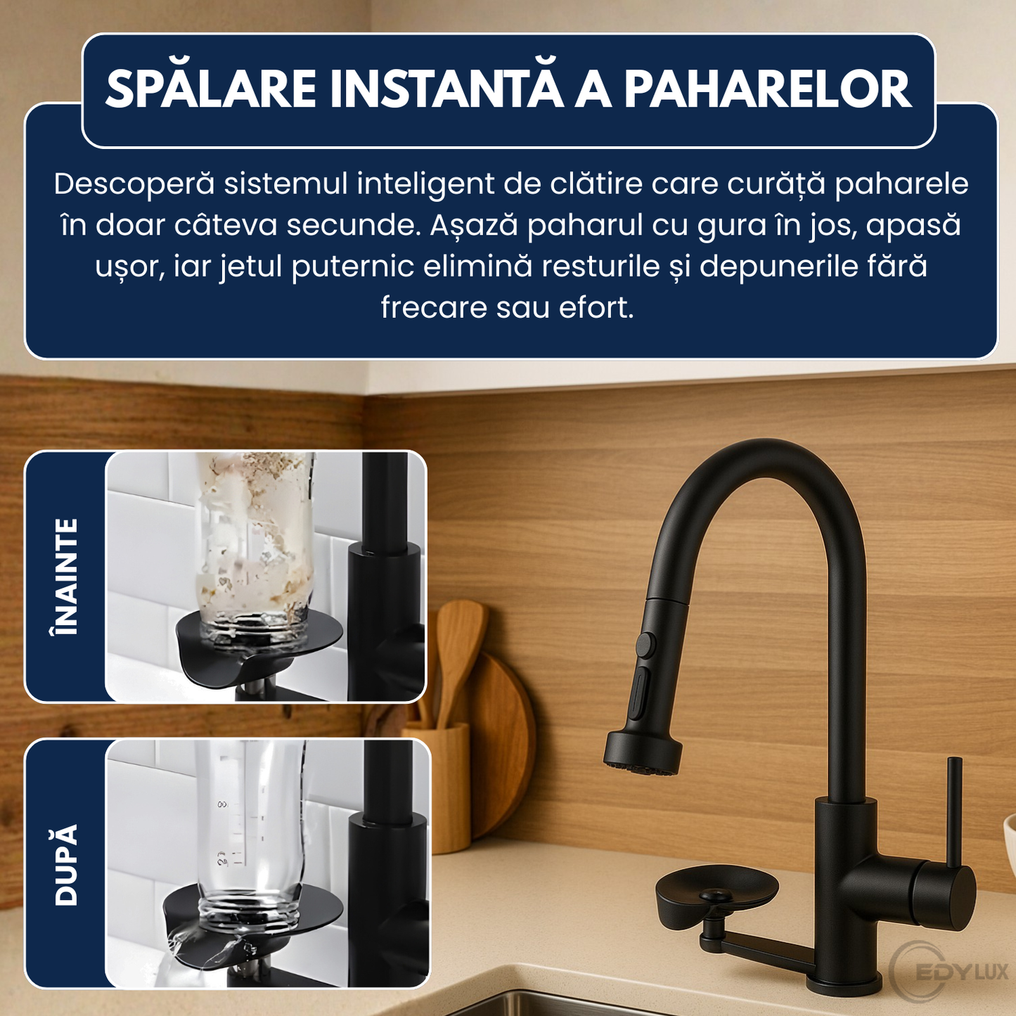 Baterie de Bucatarie, EDYLUX, 3 in 1, cu Pulverizator Extractibil, Furtun Extensibil, Sistem de Clatire pentru Pahare, Curatare Profunda si Robinet Inalt Rotativ 360, Negru 