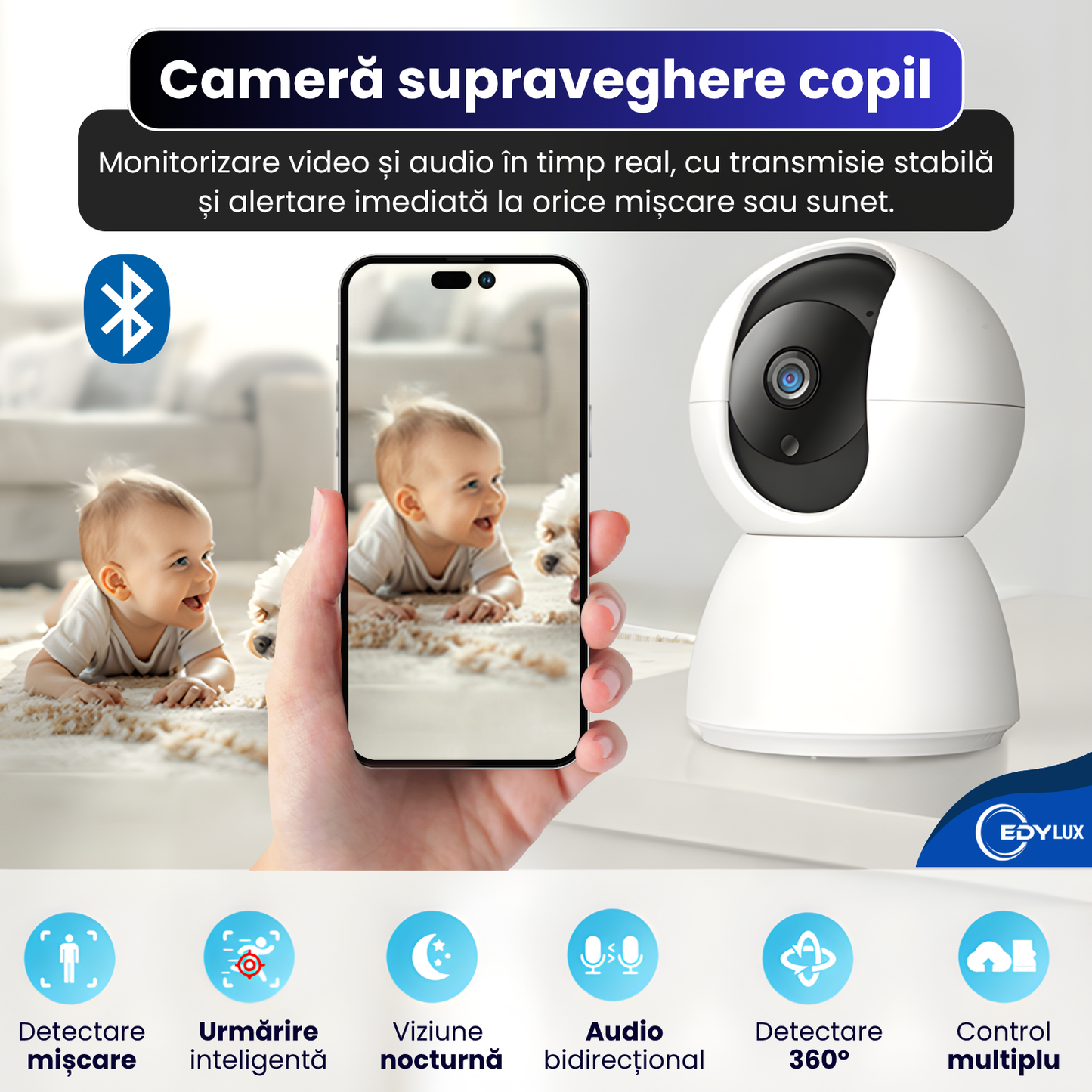 Baby Monitor EDYLUX® Smart, monitorizare bebelusi/copil, Wireless, FullHD 