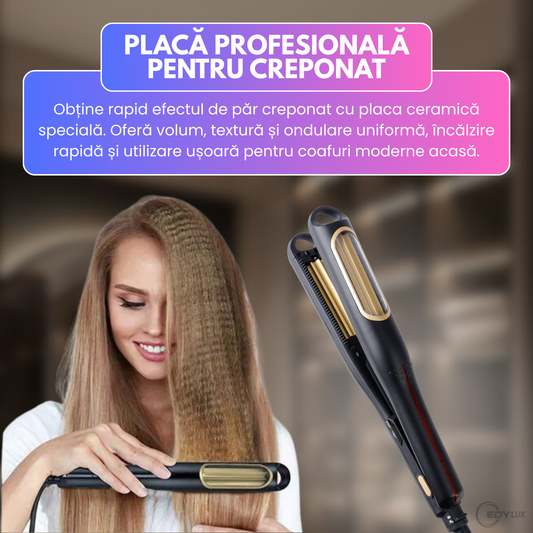 Placa pentru creponat par, EDYLUX, K-328, rotatie automata, placi ceramice cu tourmalina, temperatura reglabila 80–210 grade, cablu rotativ, Negru 