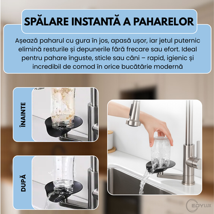 Baterie de Bucatarie, EDYLUX, 3 in 1, cu Pulverizator Extractibil, Furtun Extensibil, Sistem de Clatire pentru Pahare, Curatare Profunda si Robinet Inalt Rotativ 360, Gri 