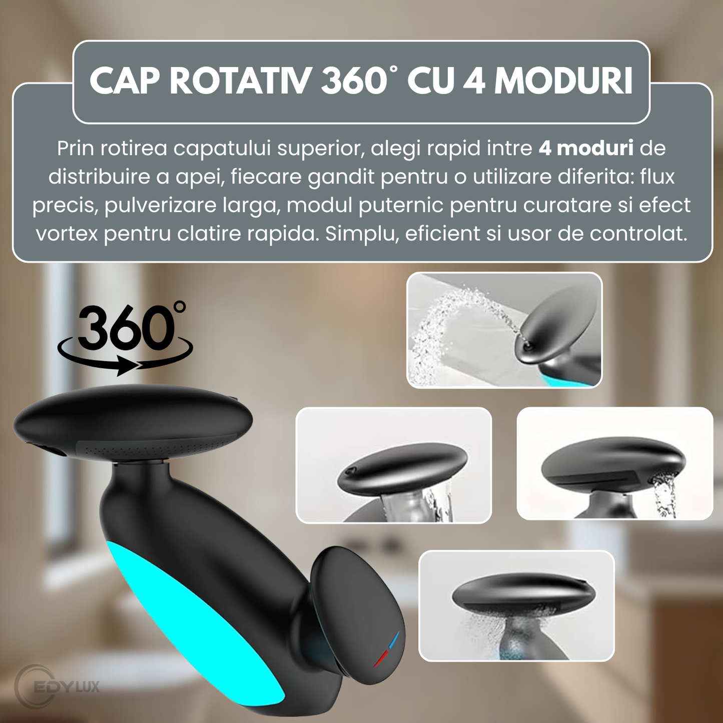 Baterie Baie Monocomanda, EDYLUX, flux reglabil in 4 moduri, cap extractibil lung 40–60 cm, rotire 360°, sistem LED activat de apa, mecanism ceramic durabil, tratament anti-rugina, accesorii incluse, Negru 