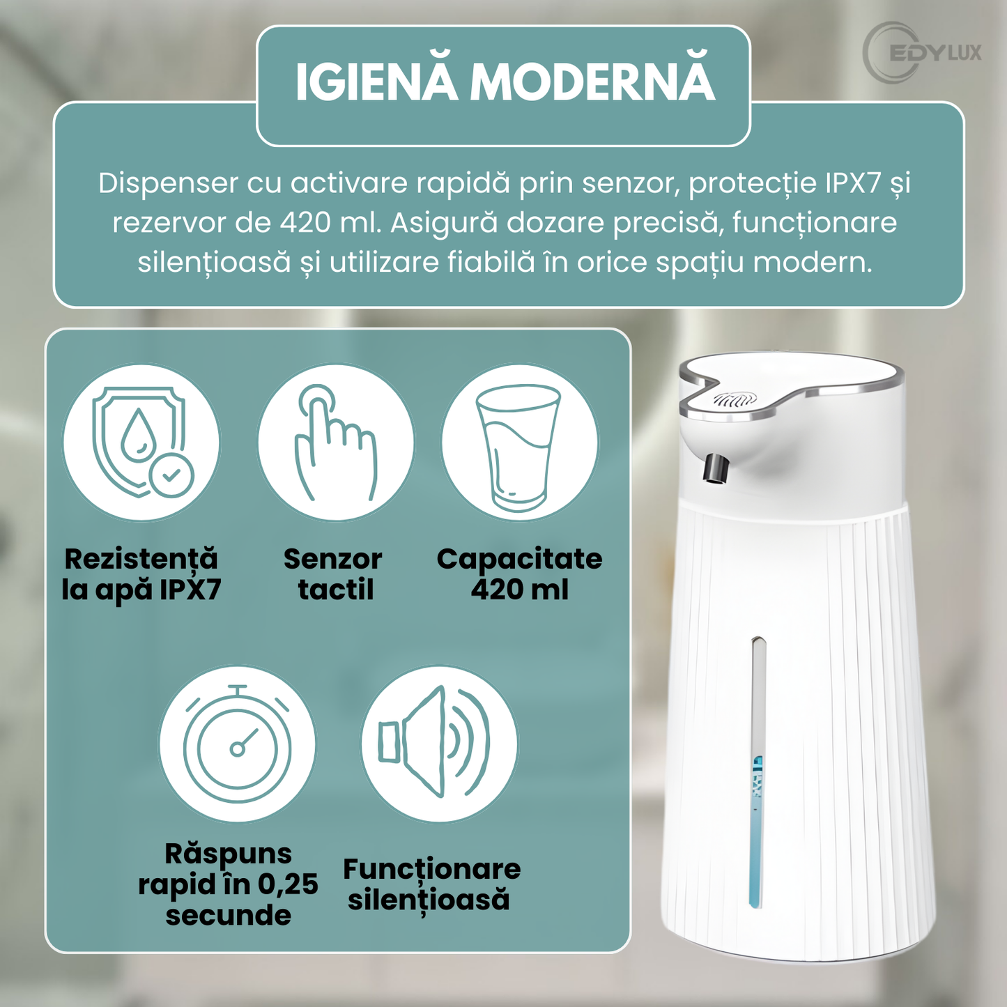 Dozator Automat de Sapun, EDYLUX, Dispozitiv Fara Atingere, Rezervor 400 ml, Spumare Automata, Detectare Rapida a Miscarii, Reincarcare prin Cablu Tip C, Montare pe Perete sau Asezare pe Suprafete, Alb 