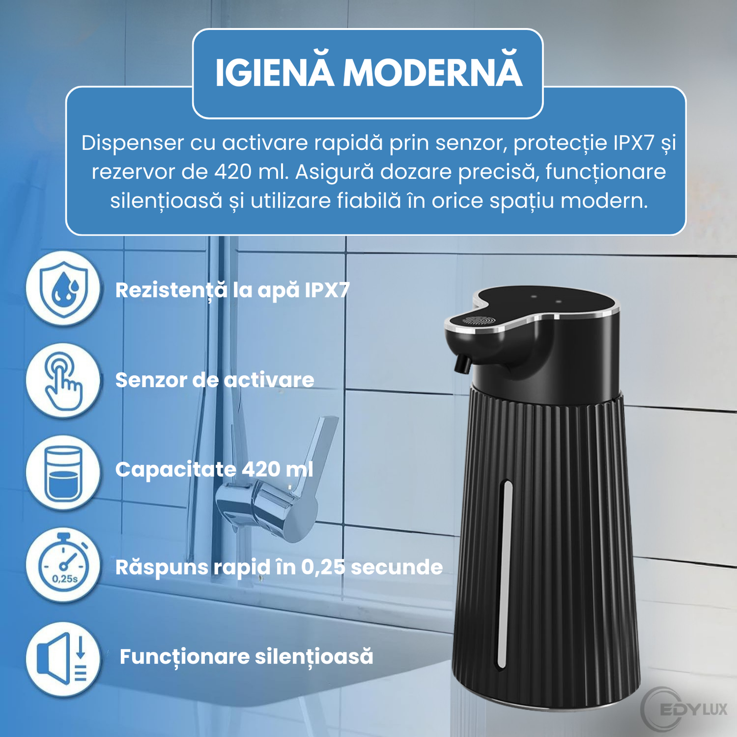 Dozator Automat de Sapun, EDYLUX, Senzor de miscare, 400 ml, Spumare Automata, Detectare Rapida a Miscarii 
