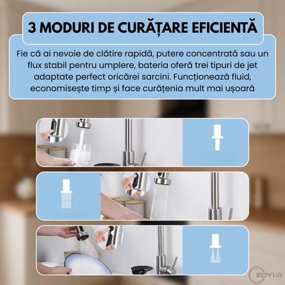 Baterie de Bucatarie, EDYLUX, 3 in 1, cu Pulverizator Extractibil, Furtun Extensibil, Sistem de Clatire pentru Pahare, Curatare Profunda si Robinet Inalt Rotativ 360, Gri 