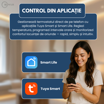 Termostat Inteligent, EDYLUX, WiFi, Programabil Zilnic/Saptamanal, Control Telefon, Display LCD Mirror, Compatibil Cu Orice Centrala Termica, Functii Smart, Compatibil Tuya/Alexa/Google, Alb 
