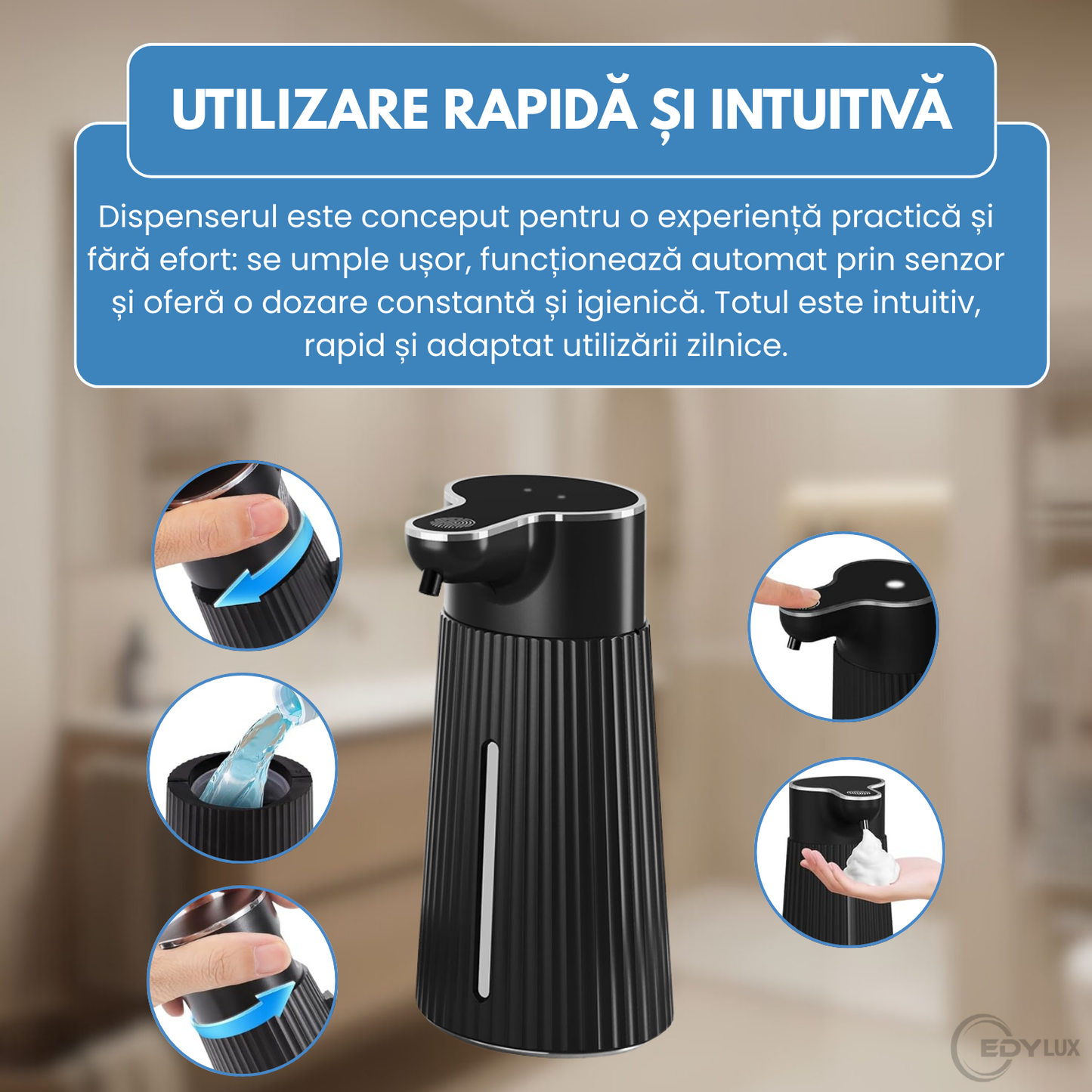 Dozator Automat de Sapun, EDYLUX, Senzor de miscare, 400 ml, Spumare Automata, Detectare Rapida a Miscarii 