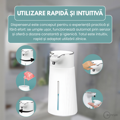 Dozator Automat de Sapun, EDYLUX, Dispozitiv Fara Atingere, Rezervor 400 ml, Spumare Automata, Detectare Rapida a Miscarii, Reincarcare prin Cablu Tip C, Montare pe Perete sau Asezare pe Suprafete, Alb 