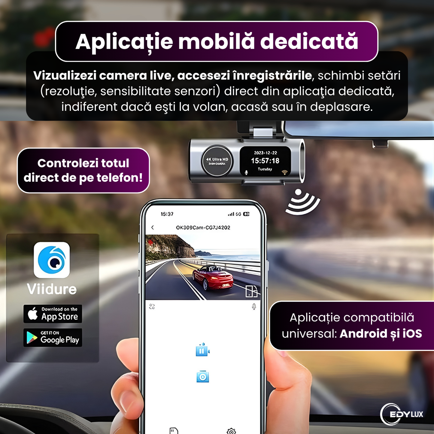Camera auto DVR 4K Ultra HD cu GPS incorporat, Edylux, Duala fata/spate, Functie WiFi, Vedere nocturna 