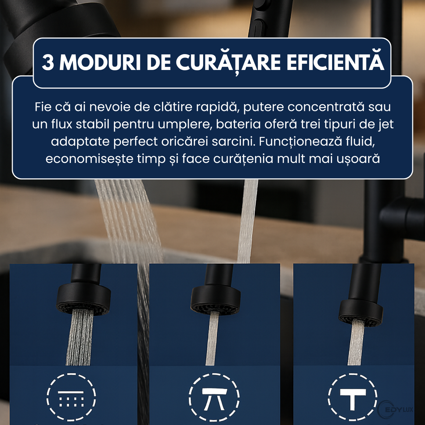Baterie de Bucatarie, EDYLUX, 3 in 1, cu Pulverizator Extractibil, Furtun Extensibil, Sistem de Clatire pentru Pahare, Curatare Profunda si Robinet Inalt Rotativ 360, Negru 