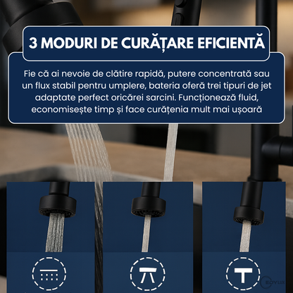 Baterie de Bucatarie, EDYLUX, 3 in 1, cu Pulverizator Extractibil, Furtun Extensibil, Sistem de Clatire pentru Pahare, Curatare Profunda si Robinet Inalt Rotativ 360, Negru 