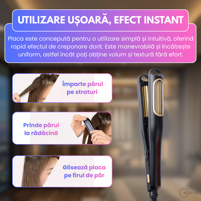 Placa pentru creponat par, EDYLUX, K-328, rotatie automata, placi ceramice cu tourmalina, temperatura reglabila 80–210 grade, cablu rotativ, Negru 