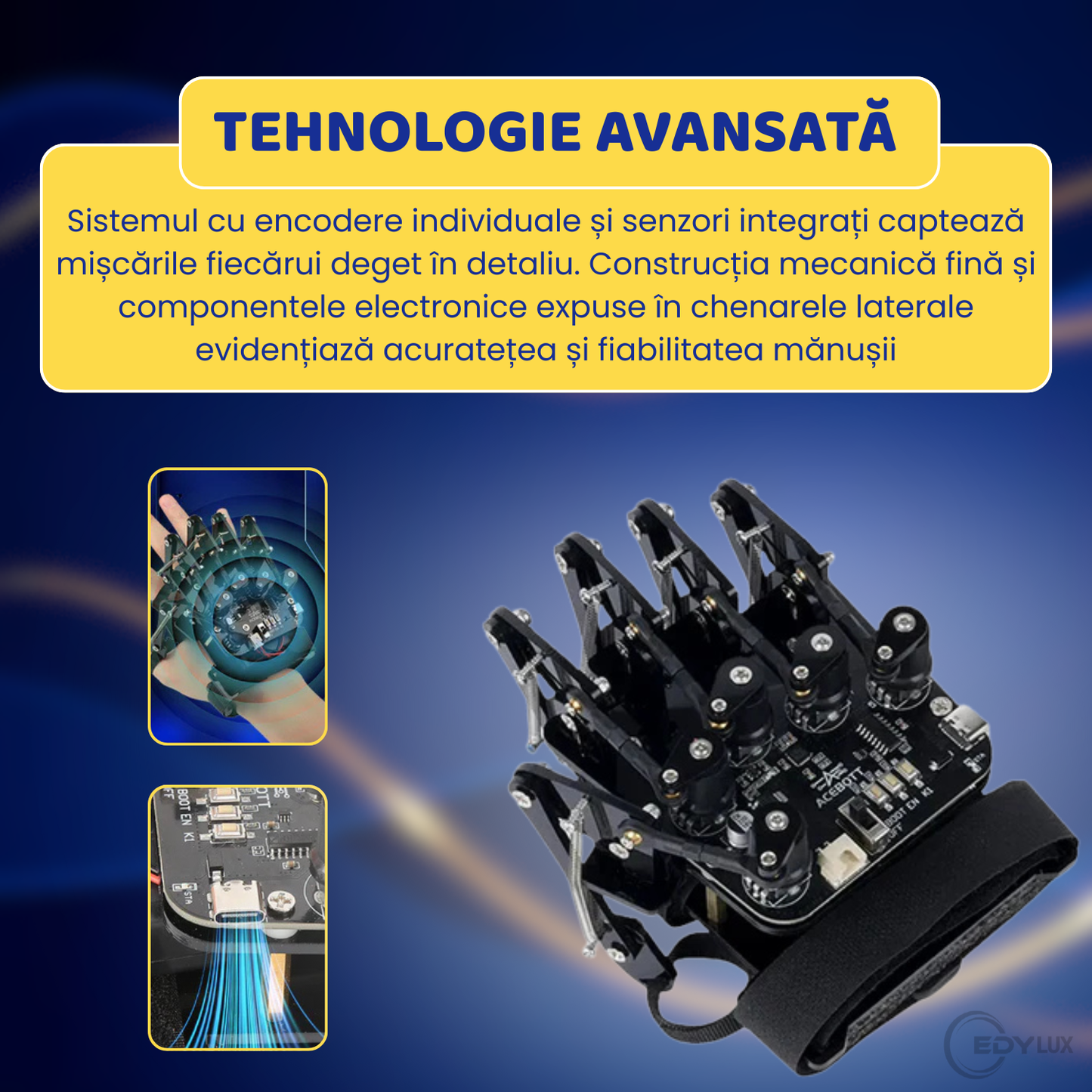 Manusa Inteligenta cu Senzori Avansati, EDYLUX, QD023, Control Gestual de Precizie pentru Roboti si Educatie STEAM, Bluetooth, Negru 