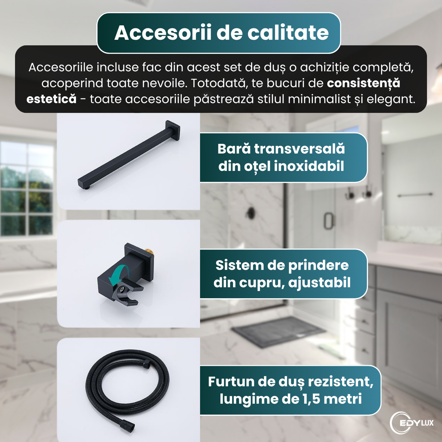 Sistem de dus incastrat EDYLUXR, Set complet premium, 3 functii, Afisaj digital temperatura 