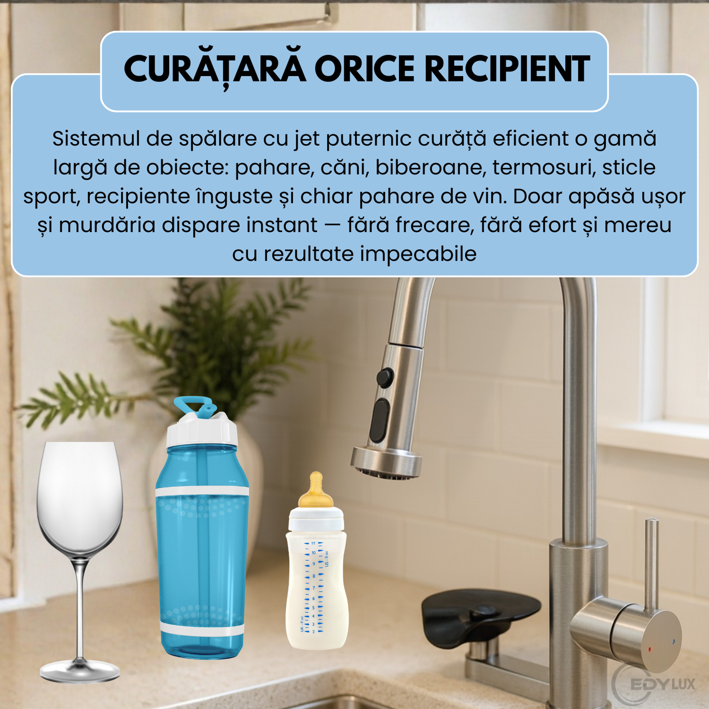 Baterie de Bucatarie, EDYLUX, 3 in 1, cu Pulverizator Extractibil, Furtun Extensibil, Sistem de Clatire pentru Pahare, Curatare Profunda si Robinet Inalt Rotativ 360, Gri 