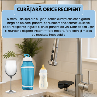 Baterie de Bucatarie, EDYLUX, 3 in 1, cu Pulverizator Extractibil, Furtun Extensibil, Sistem de Clatire pentru Pahare, Curatare Profunda si Robinet Inalt Rotativ 360, Gri 