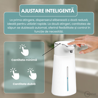 Dozator Automat de Sapun, EDYLUX, Dispozitiv Fara Atingere, Rezervor 400 ml, Spumare Automata, Detectare Rapida a Miscarii, Reincarcare prin Cablu Tip C, Montare pe Perete sau Asezare pe Suprafete, Alb 