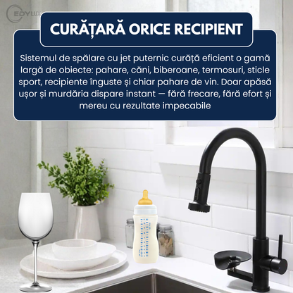 Baterie de Bucatarie, EDYLUX, 3 in 1, cu Pulverizator Extractibil, Furtun Extensibil, Sistem de Clatire pentru Pahare, Curatare Profunda si Robinet Inalt Rotativ 360, Negru 