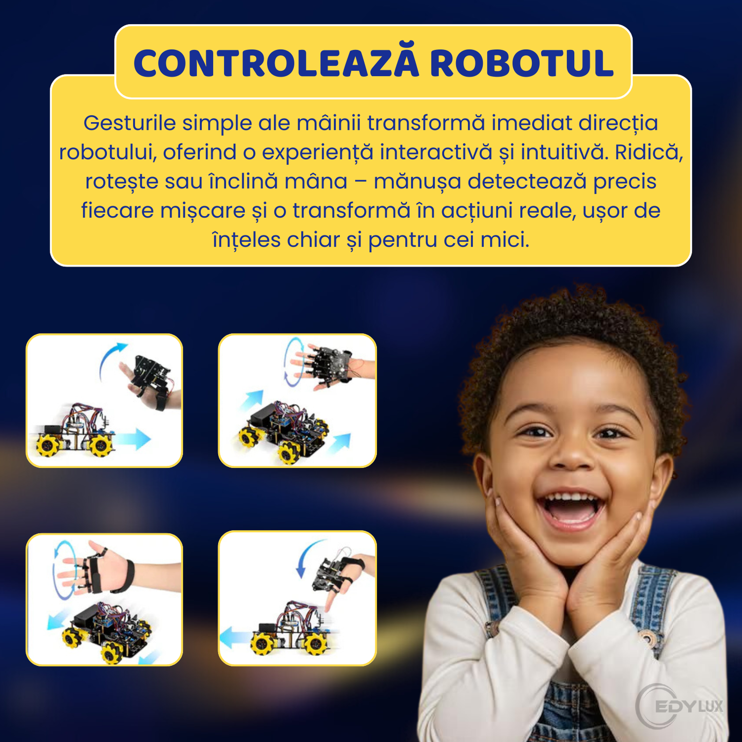 Manusa Inteligenta cu Senzori Avansati, EDYLUX, QD023, Control Gestual de Precizie pentru Roboti si Educatie STEAM, Bluetooth, Negru 