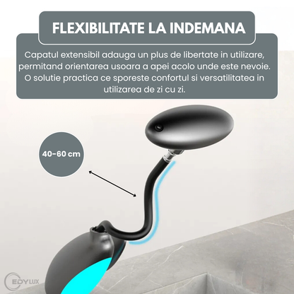 Baterie Baie Monocomanda, EDYLUX, flux reglabil in 4 moduri, cap extractibil lung 40–60 cm, rotire 360°, sistem LED activat de apa, mecanism ceramic durabil, tratament anti-rugina, accesorii incluse, Negru 