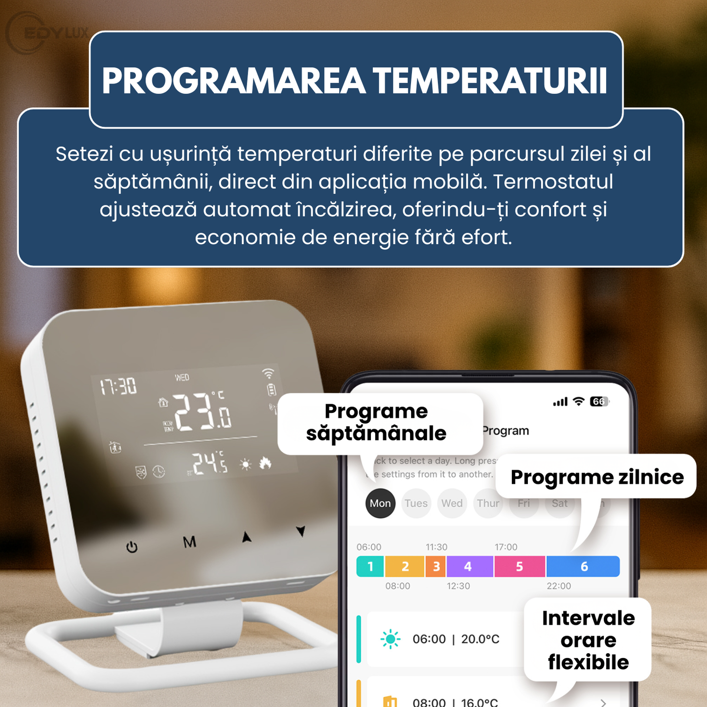 Termostat Inteligent, EDYLUX, WiFi, Programabil Zilnic/Saptamanal, Control Telefon, Display LCD Mirror, Compatibil Cu Orice Centrala Termica, Functii Smart, Compatibil Tuya/Alexa/Google, Alb 
