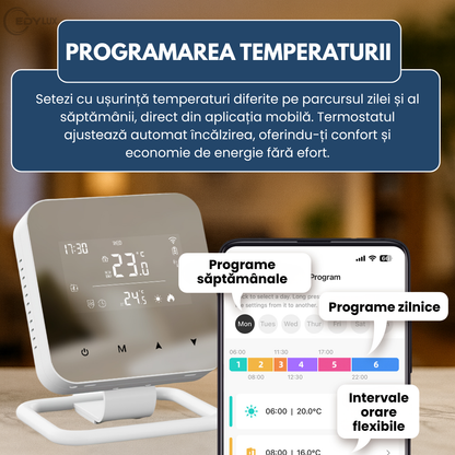 Termostat Inteligent, EDYLUX, WiFi, Programabil Zilnic/Saptamanal, Control Telefon, Display LCD Mirror, Compatibil Cu Orice Centrala Termica, Functii Smart, Compatibil Tuya/Alexa/Google, Alb 