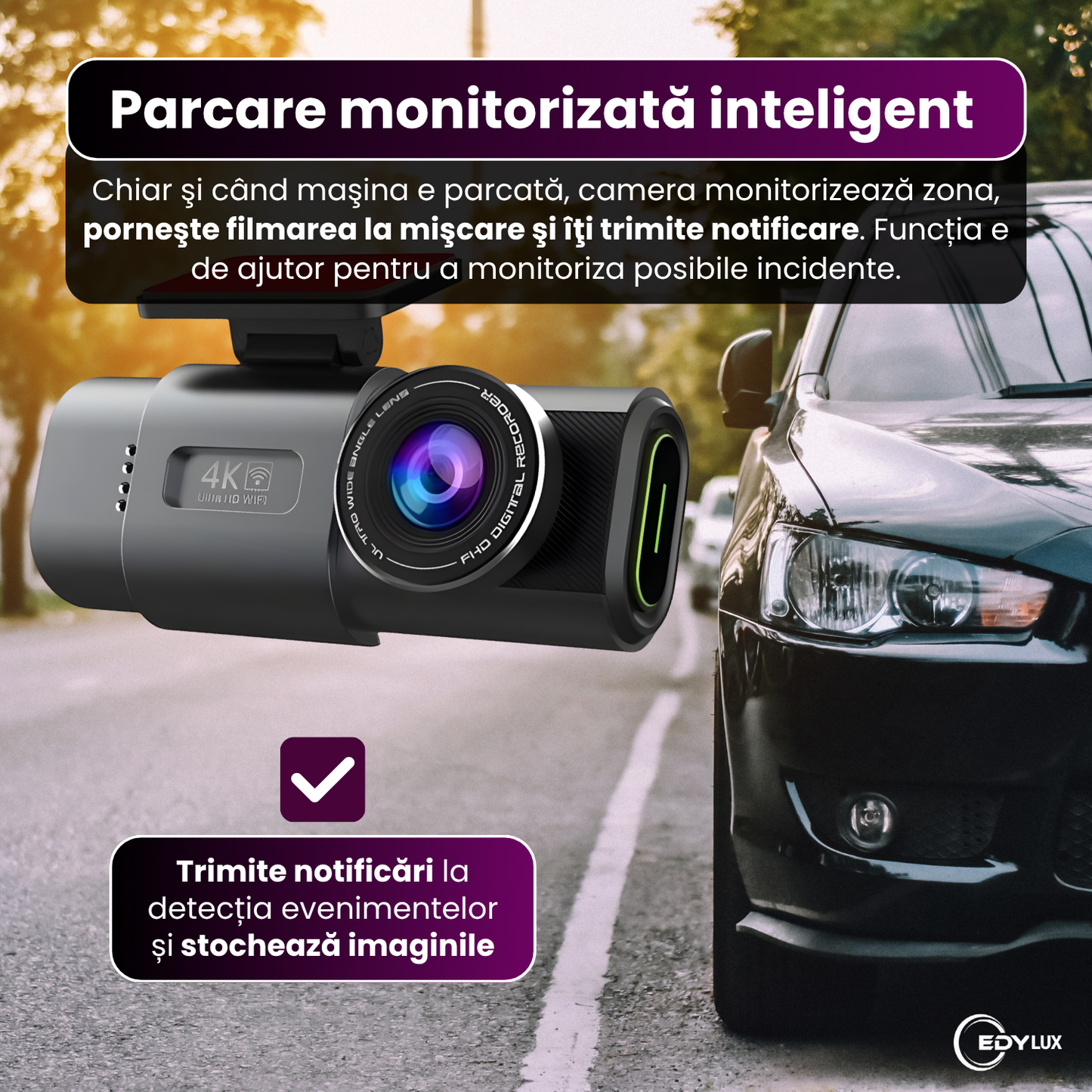 Camera auto DVR 4K Ultra HD cu GPS incorporat, Edylux, Duala fata/spate, Functie WiFi, Vedere nocturna 