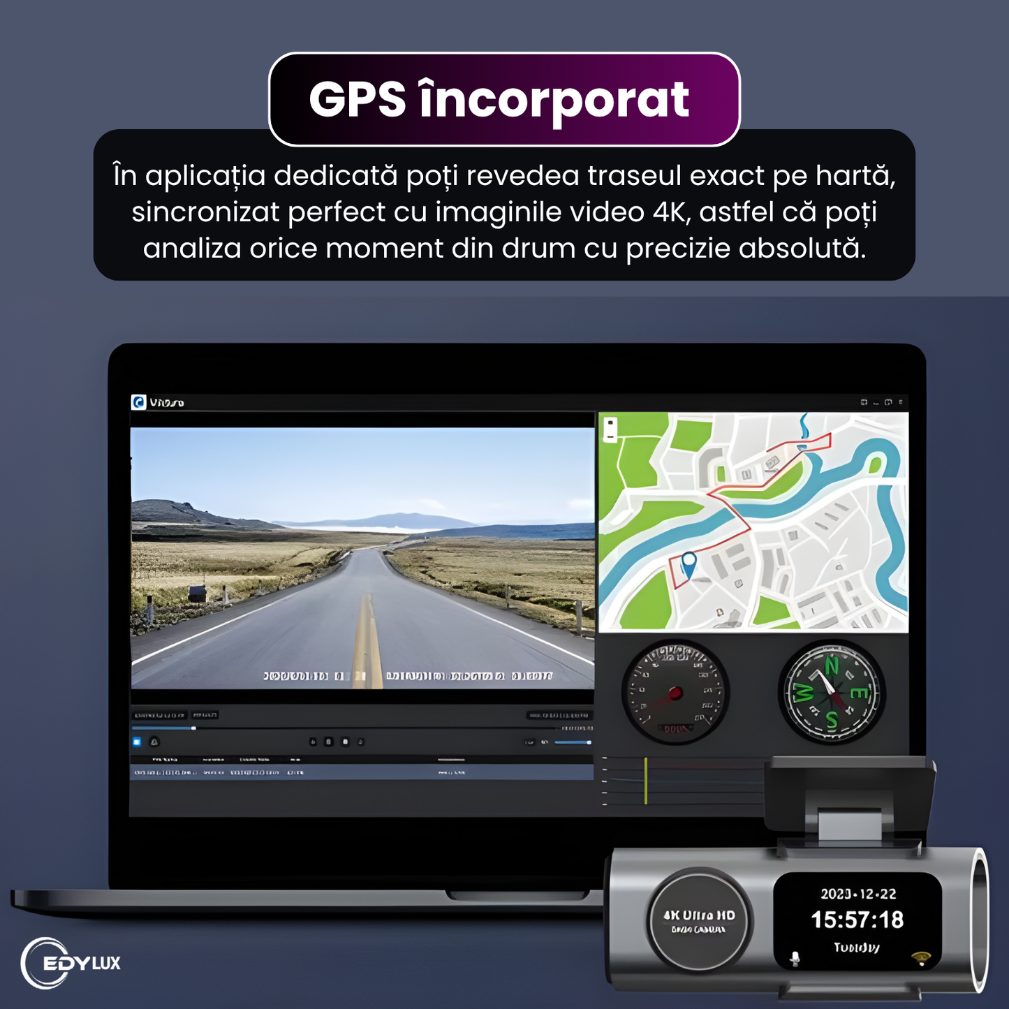Camera auto DVR 4K Ultra HD cu GPS incorporat, Edylux, Duala fata/spate, Functie WiFi, Vedere nocturna 
