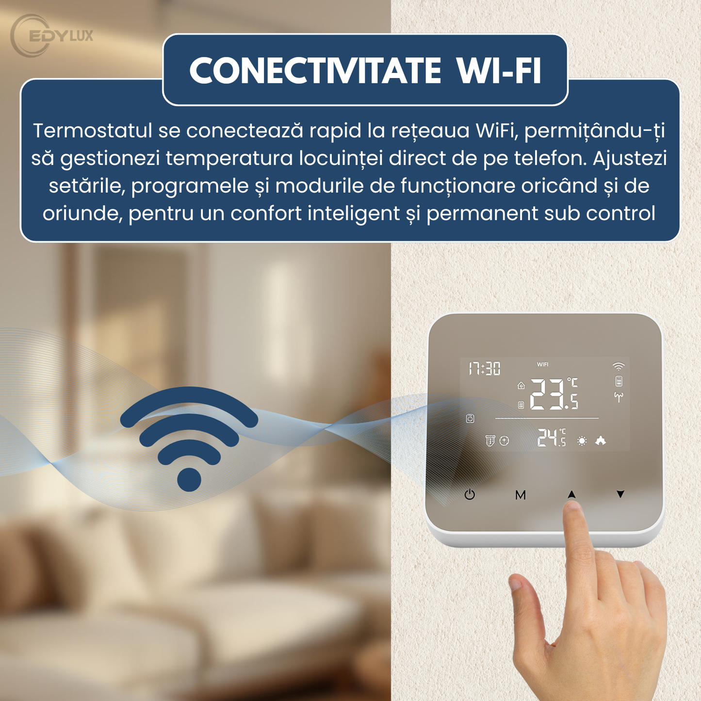 Termostat Inteligent, EDYLUX, WiFi, Programabil Zilnic/Saptamanal, Control Telefon, Display LCD Mirror, Compatibil Cu Orice Centrala Termica, Functii Smart, Compatibil Tuya/Alexa/Google, Alb 