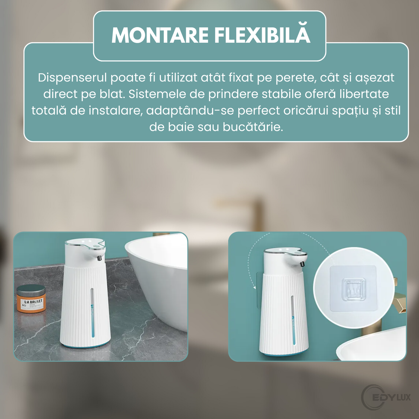 Dozator Automat de Sapun, EDYLUX, Dispozitiv Fara Atingere, Rezervor 400 ml, Spumare Automata, Detectare Rapida a Miscarii, Reincarcare prin Cablu Tip C, Montare pe Perete sau Asezare pe Suprafete, Alb 