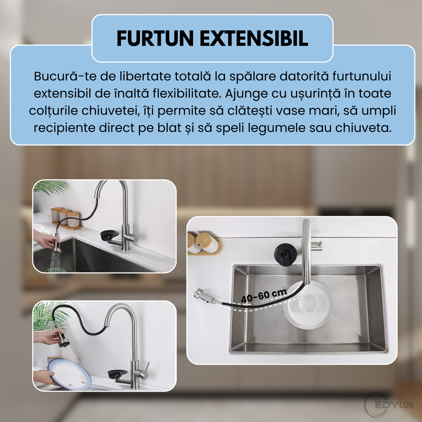 Baterie de Bucatarie, EDYLUX, 3 in 1, cu Pulverizator Extractibil, Furtun Extensibil, Sistem de Clatire pentru Pahare, Curatare Profunda si Robinet Inalt Rotativ 360, Gri 