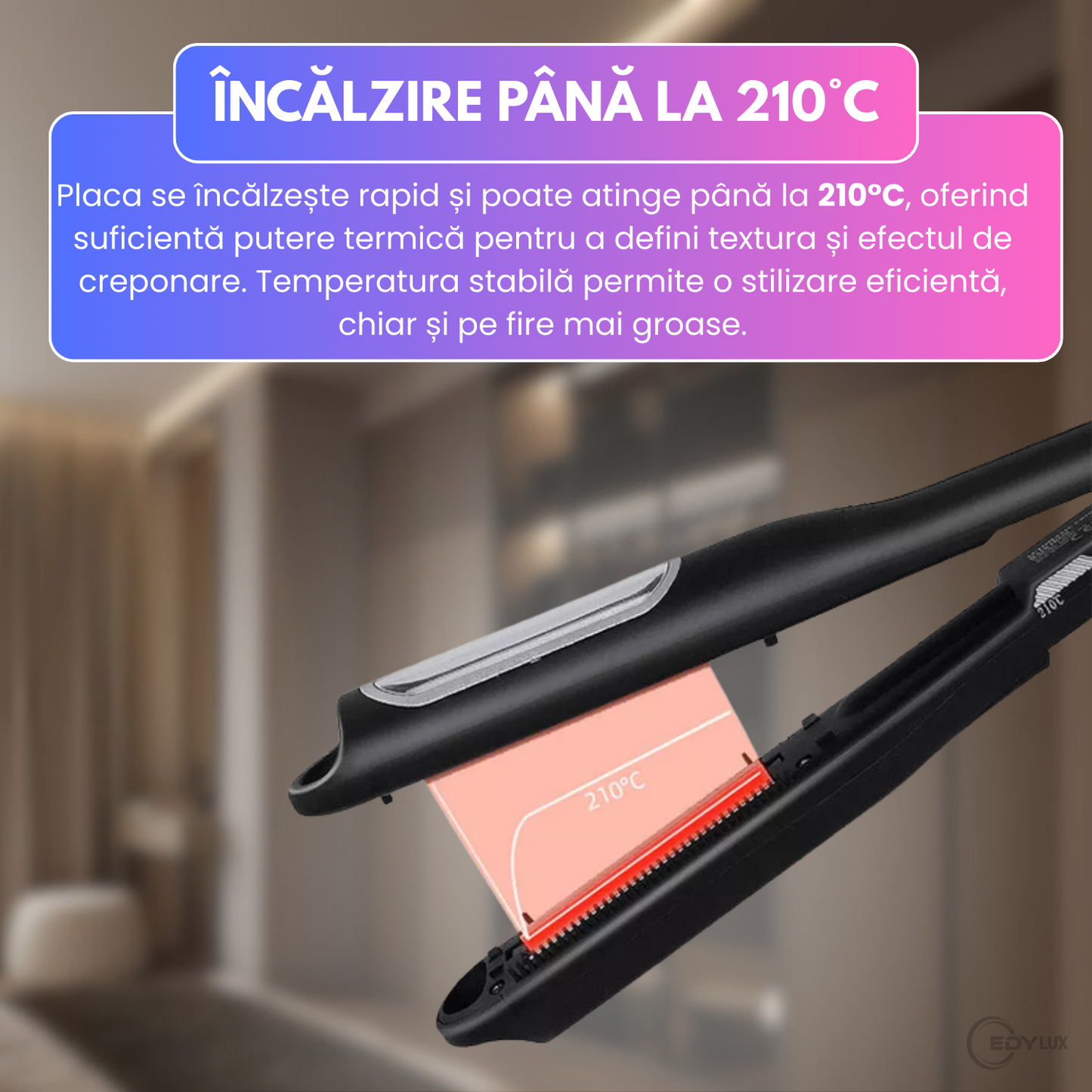 Placa pentru creponat par, EDYLUX, K-328, rotatie automata, placi ceramice cu tourmalina, temperatura reglabila 80–210 grade, cablu rotativ, Negru 