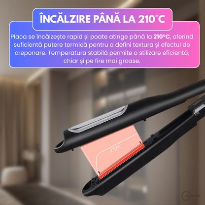 Placa pentru creponat par, EDYLUX, K-328, rotatie automata, placi ceramice cu tourmalina, temperatura reglabila 80–210 grade, cablu rotativ, Negru 