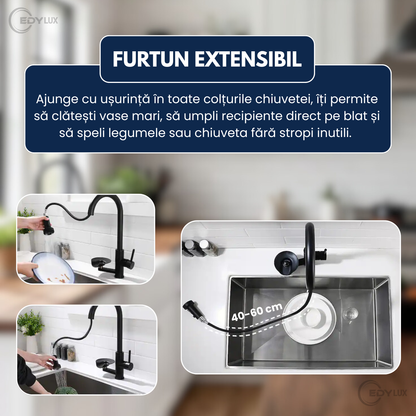 Baterie de Bucatarie, EDYLUX, 3 in 1, cu Pulverizator Extractibil, Furtun Extensibil, Sistem de Clatire pentru Pahare, Curatare Profunda si Robinet Inalt Rotativ 360, Negru 