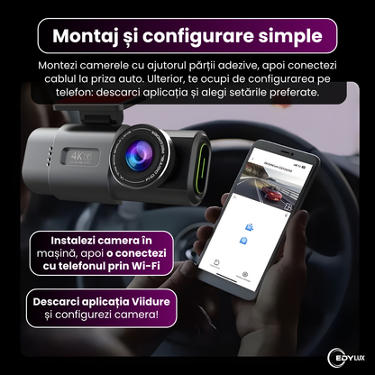 Camera auto DVR 4K Ultra HD cu GPS incorporat, Edylux, Duala fata/spate, Functie WiFi, Vedere nocturna 
