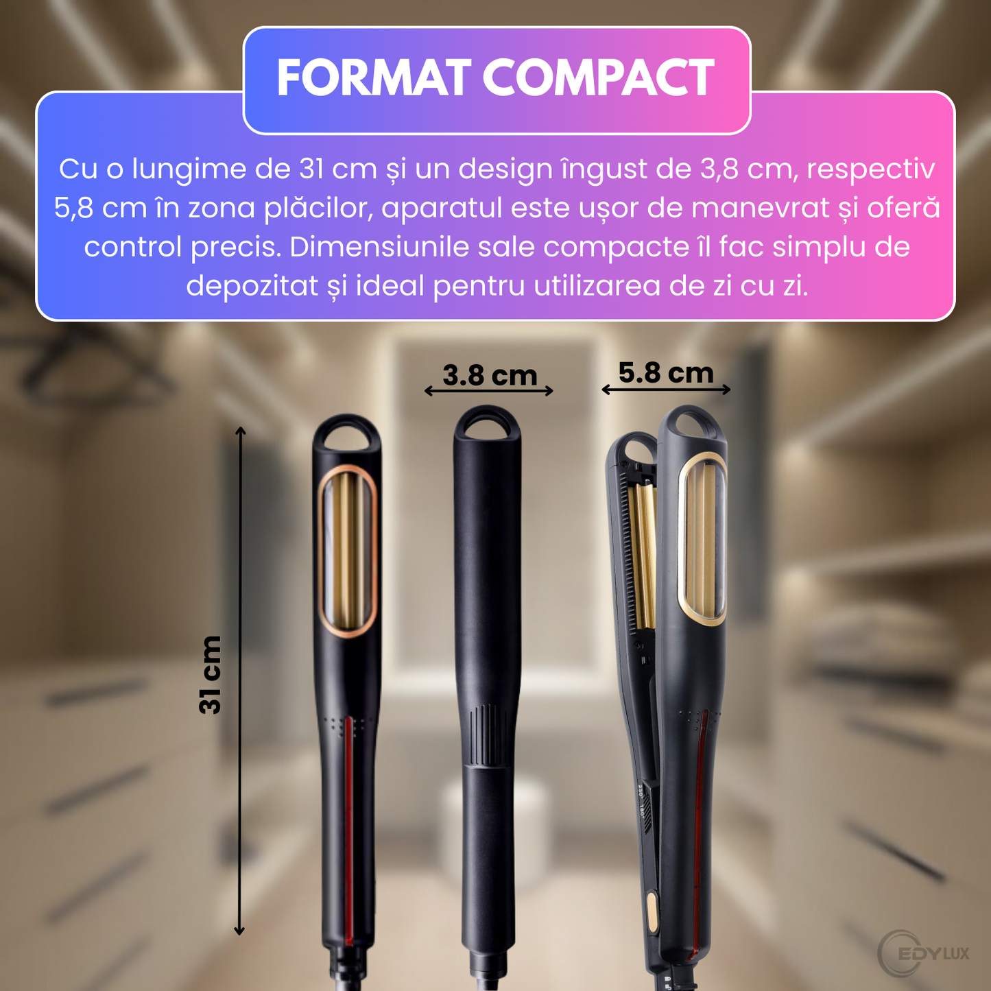 Placa pentru creponat par, EDYLUX, K-328, rotatie automata, placi ceramice cu tourmalina, temperatura reglabila 80–210 grade, cablu rotativ, Negru 