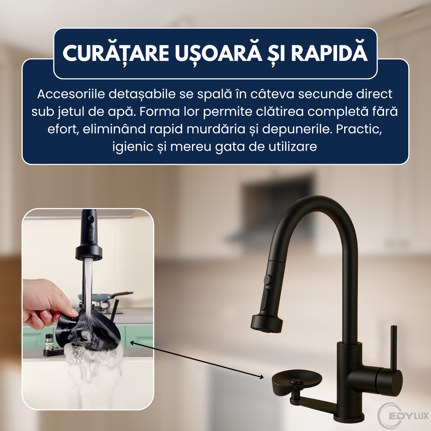 Baterie de Bucatarie, EDYLUX, 3 in 1, cu Pulverizator Extractibil, Furtun Extensibil, Sistem de Clatire pentru Pahare, Curatare Profunda si Robinet Inalt Rotativ 360, Negru 