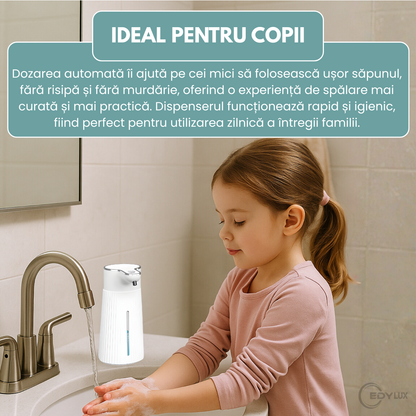 Dozator Automat de Sapun, EDYLUX, Dispozitiv Fara Atingere, Rezervor 400 ml, Spumare Automata, Detectare Rapida a Miscarii, Reincarcare prin Cablu Tip C, Montare pe Perete sau Asezare pe Suprafete, Alb 