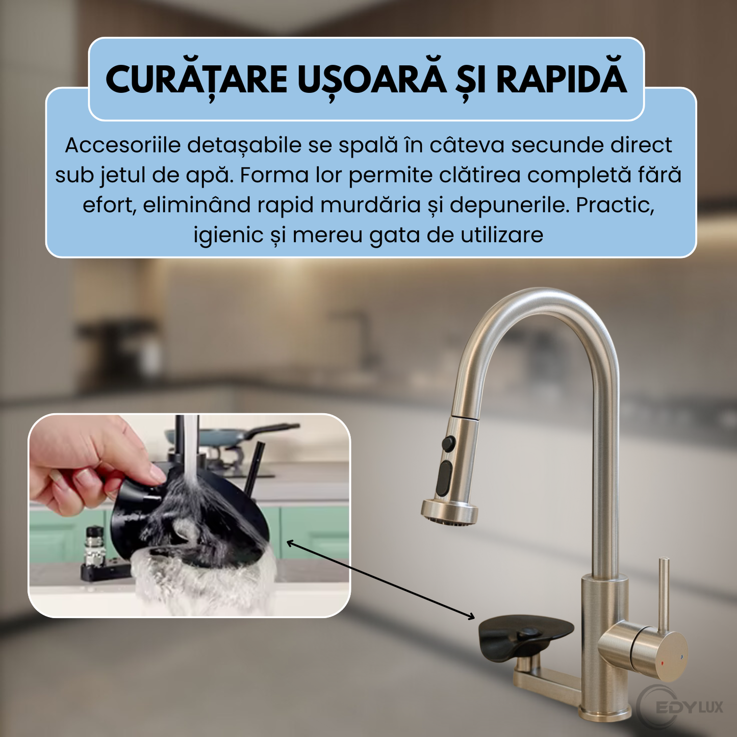 Baterie de Bucatarie, EDYLUX, 3 in 1, cu Pulverizator Extractibil, Furtun Extensibil, Sistem de Clatire pentru Pahare, Curatare Profunda si Robinet Inalt Rotativ 360, Gri 