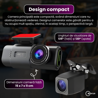Camera auto DVR 4K Ultra HD cu GPS incorporat, Edylux, Duala fata/spate, Functie WiFi, Vedere nocturna 