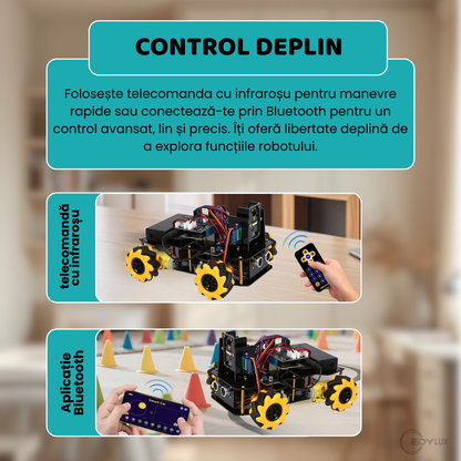 Robot Programabil cu Roti Mecanum, EDYLUX, ESP32 4WD, Brat Robotic Multifunctional, Control prin Telecomanda si Telefon, Navigare Autonoma, Urmarire Linie, Evitare Obstacole, Kit Educativ STEM, Negru 
