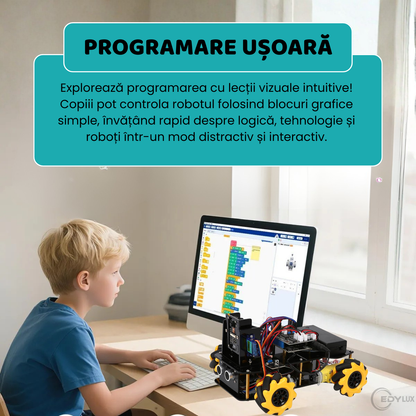 Robot Programabil cu Roti Mecanum, EDYLUX, ESP32 4WD, Brat Robotic Multifunctional, Control prin Telecomanda si Telefon, Navigare Autonoma, Urmarire Linie, Evitare Obstacole, Kit Educativ STEM, Negru 
