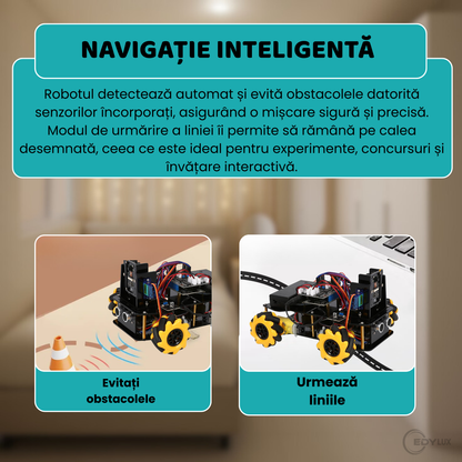 Robot Programabil cu Roti Mecanum, EDYLUX, ESP32 4WD, Brat Robotic Multifunctional, Control prin Telecomanda si Telefon, Navigare Autonoma, Urmarire Linie, Evitare Obstacole, Kit Educativ STEM, Negru 