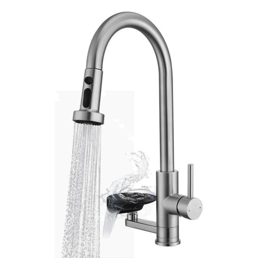 Baterie de Bucatarie, EDYLUX, 3 in 1, cu Pulverizator Extractibil, Furtun Extensibil, Sistem de Clatire pentru Pahare, Curatare Profunda si Robinet Inalt Rotativ 360, Gri 