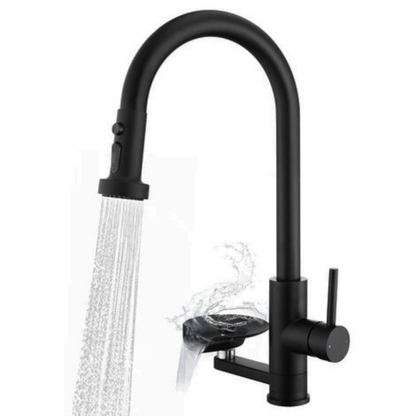 Baterie de Bucatarie, EDYLUX, 3 in 1, cu Pulverizator Extractibil, Furtun Extensibil, Sistem de Clatire pentru Pahare, Curatare Profunda si Robinet Inalt Rotativ 360, Negru 