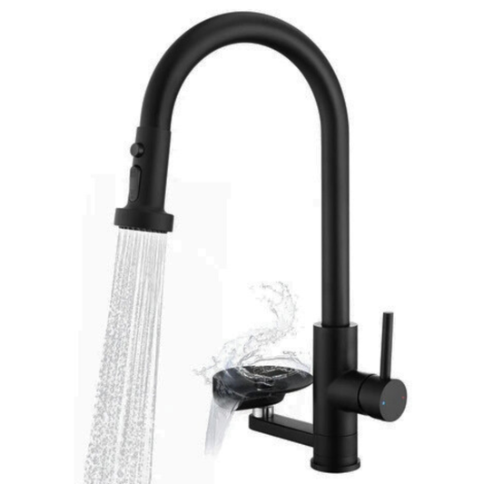 Baterie de Bucatarie, EDYLUX, 3 in 1, cu Pulverizator Extractibil, Furtun Extensibil, Sistem de Clatire pentru Pahare, Curatare Profunda si Robinet Inalt Rotativ 360, Negru 