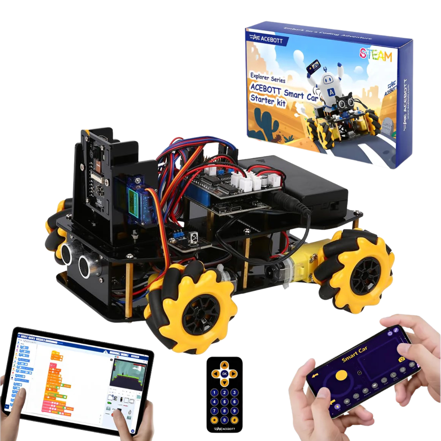 Robot Programabil cu Roti Mecanum, EDYLUX, ESP32 4WD, Brat Robotic Multifunctional, Control prin Telecomanda si Telefon, Navigare Autonoma, Urmarire Linie, Evitare Obstacole, Kit Educativ STEM, Negru 
