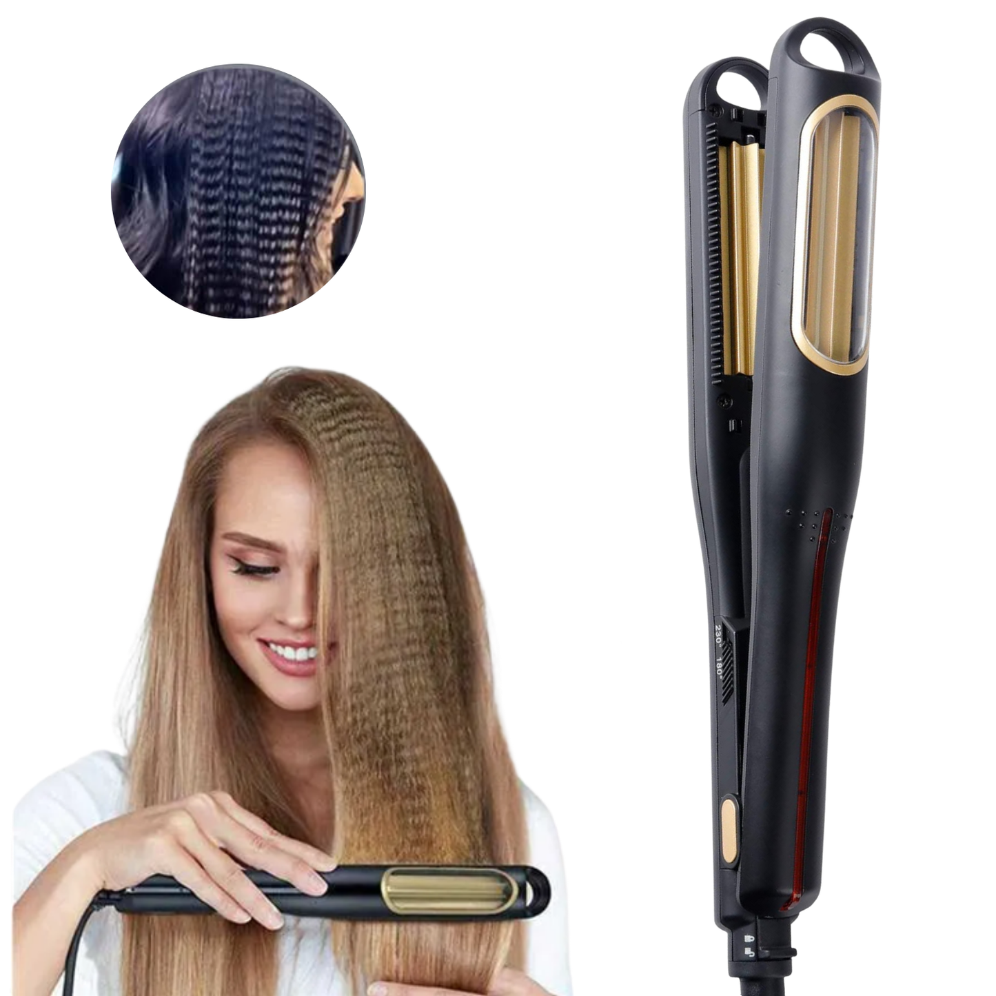 Placa pentru creponat par, EDYLUX, K-328, rotatie automata, placi ceramice cu tourmalina, temperatura reglabila 80–210 grade, cablu rotativ, Negru 